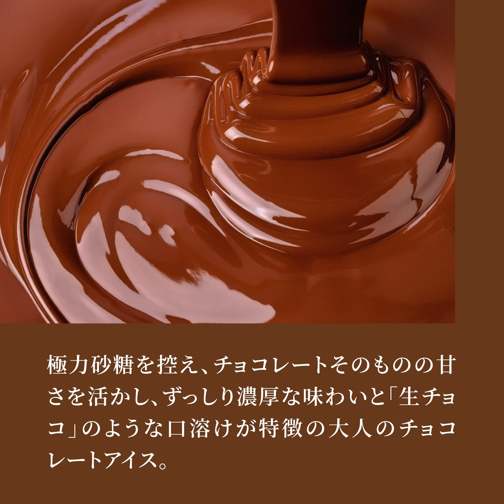 極力砂糖を控え、チョコレートそのものの甘さを活かし、ずっしり濃厚な味わいと「生チョコ」のような口溶けが特徴の大人のチョコレートアイス。